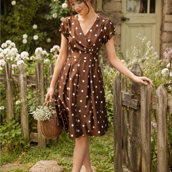 Robbie Bee Dresses & Skirts - Signature by Robbie Bee Brown Polka Dot Midi Dress Rockabilly Retro Pinup Size 6